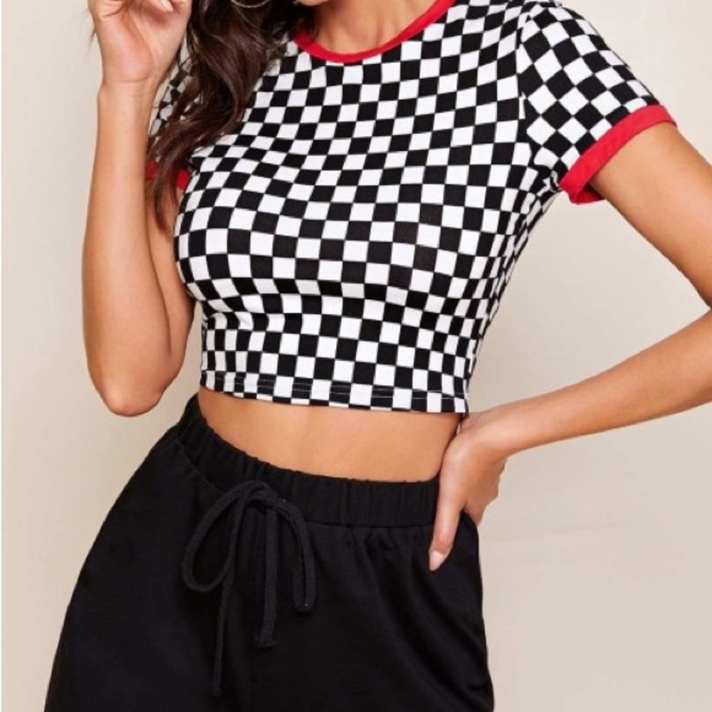 SHEIN Crop Check Ringer Tee color black and white with red Size XS